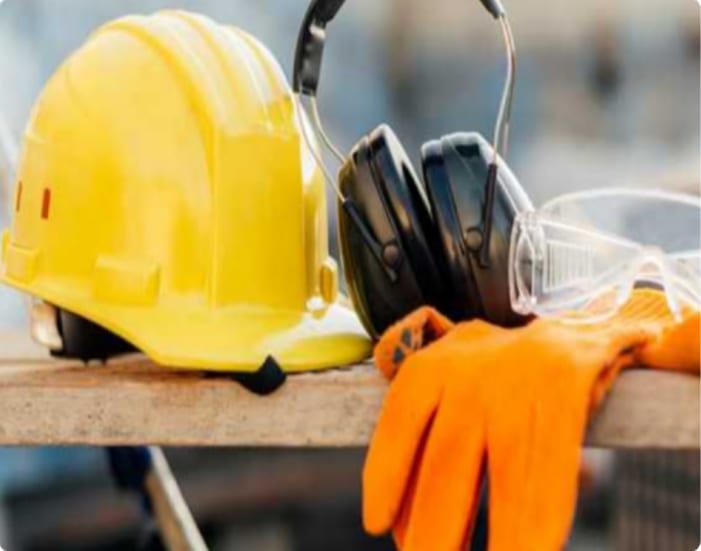 Casco, protectores auditivos, lentes de seguridad y guantes de trabajo sobre un tablón